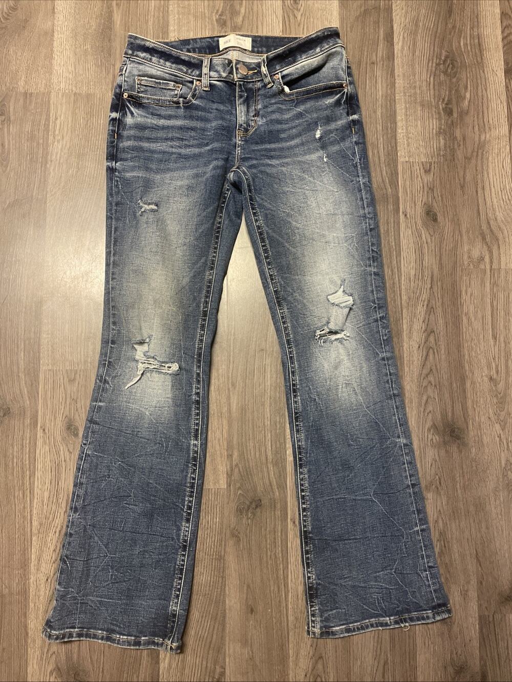 BKE Stella Jeans Womens 29x31.5 Blue Low Rise Slim Bootcut Distressed Buckle